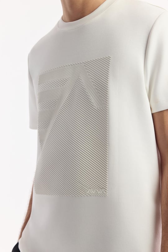 Ekru Bisiklet Yaka Baskılı Bi-Stretch İnterlok T-Shirt