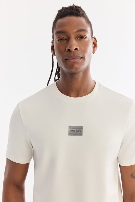 Ekru Bisiklet Yaka Viskon Karışımlı Baskılı Bi-Stretch İnterlok T-Shirt