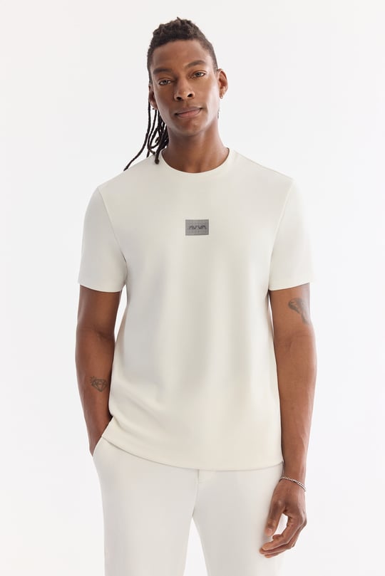 Ekru Bisiklet Yaka Viskon Karışımlı Baskılı Bi-Stretch İnterlok T-Shirt