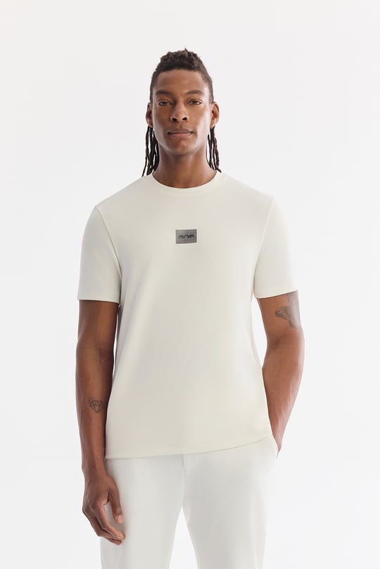 Ekru Bisiklet Yaka Viskon Karışımlı Baskılı Bi-Stretch İnterlok T-Shirt