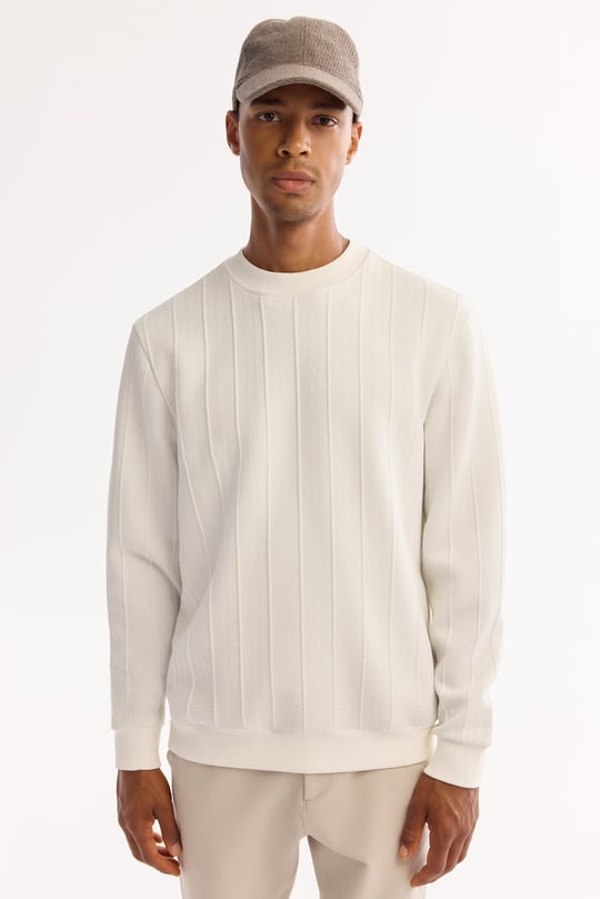 Ekru Bisiklet Yaka Elastan Kolay Ütülenen Çizgili Sweatshirt