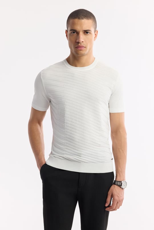 Ekru Bisiklet Yaka Rayon Triko T-Shirt