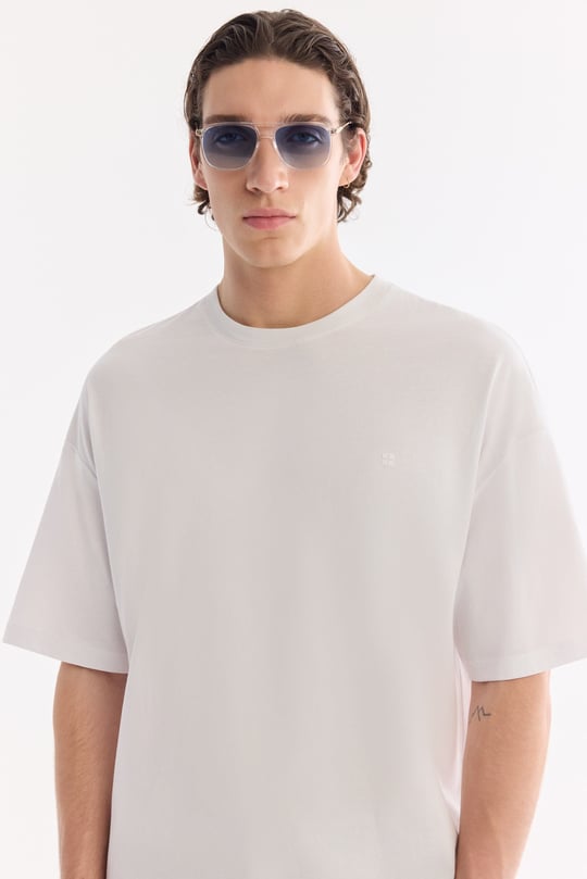 Ekru Bisiklet Yaka Oversize Rayon T-Shirt