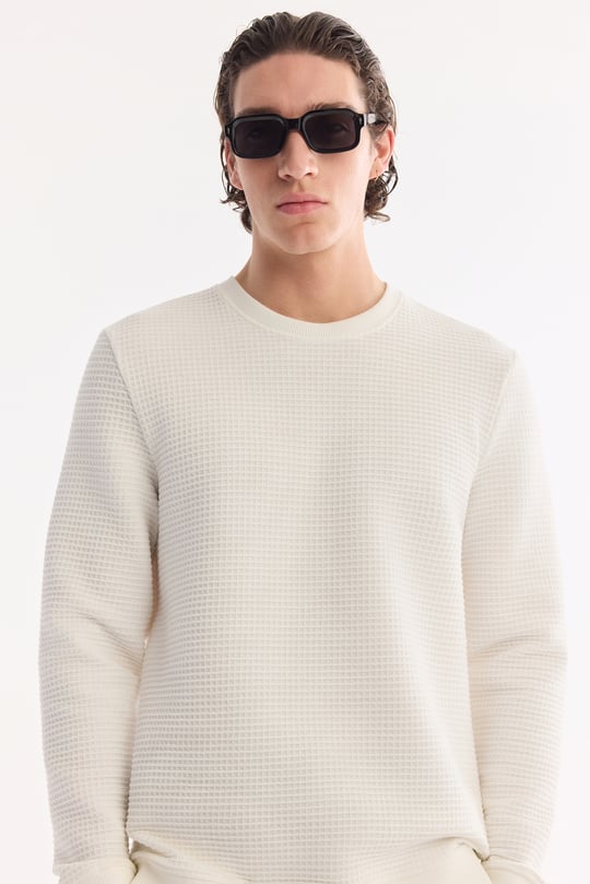 Ekru Bisiklet Yaka Pamuklu Kolay Ütülenen Sweatshirt