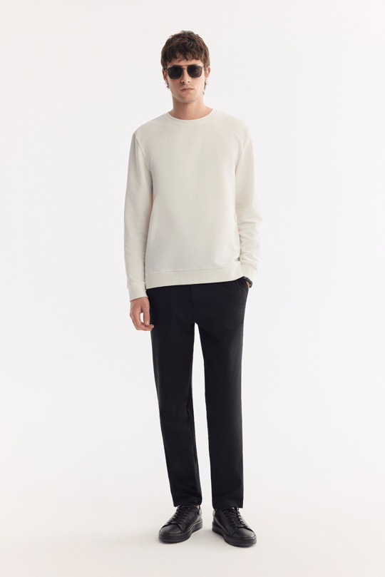 Ekru Bisiklet Yaka Pamuklu Kolay Ütülenen Sweatshirt