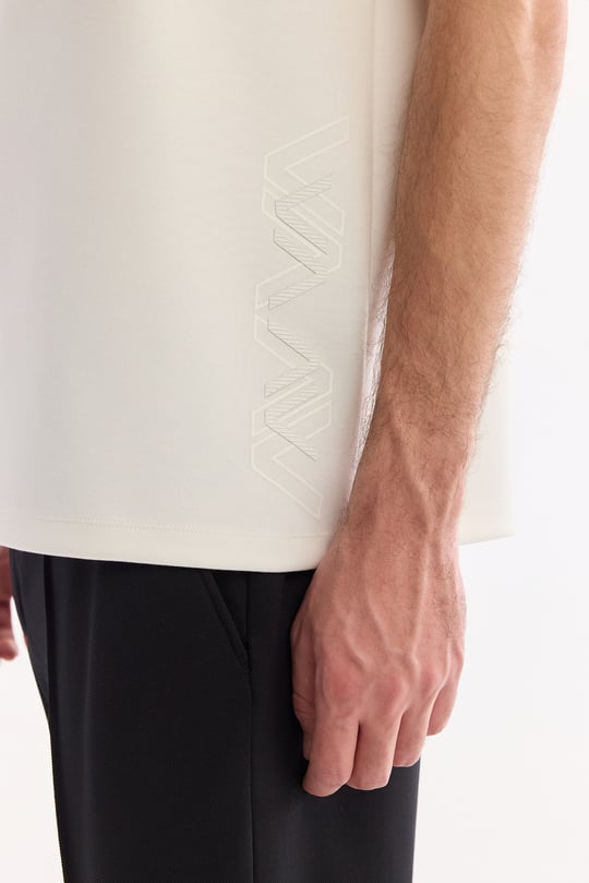 Ekru Bisiklet Yaka Baskılı Bi-Stretch İnterlok T-Shirt