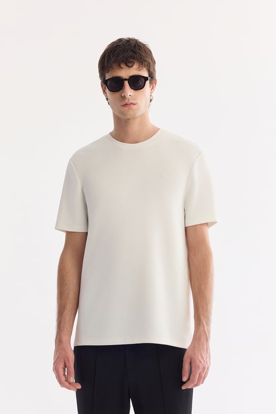 Ekru Bisiklet Yaka Baskılı Bi-Stretch İnterlok T-Shirt