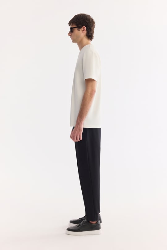 Ekru Bisiklet Yaka Baskılı Bi-Stretch İnterlok T-Shirt