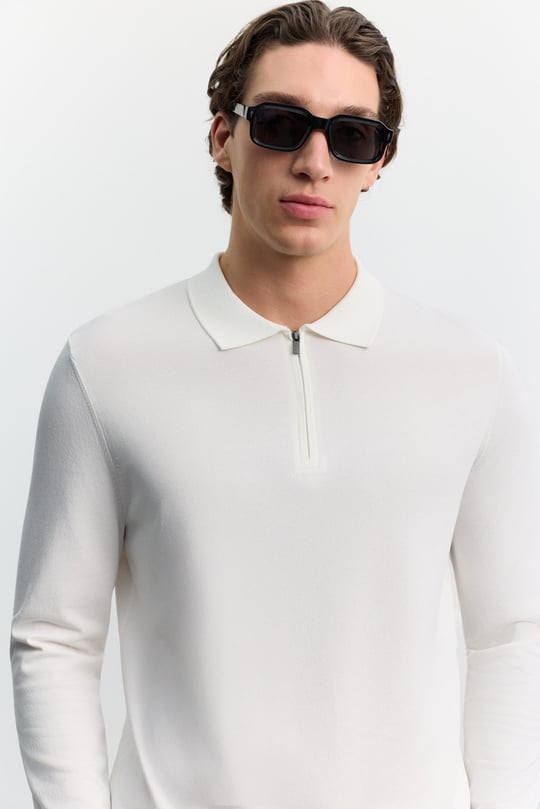 Ekru Polo Yaka Fermuarlı Rayon Tüylenmeyen Basic Triko Kazak