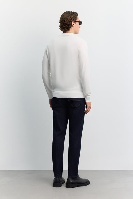 Ekru Polo Yaka Fermuarlı Rayon Tüylenmeyen Basic Triko Kazak