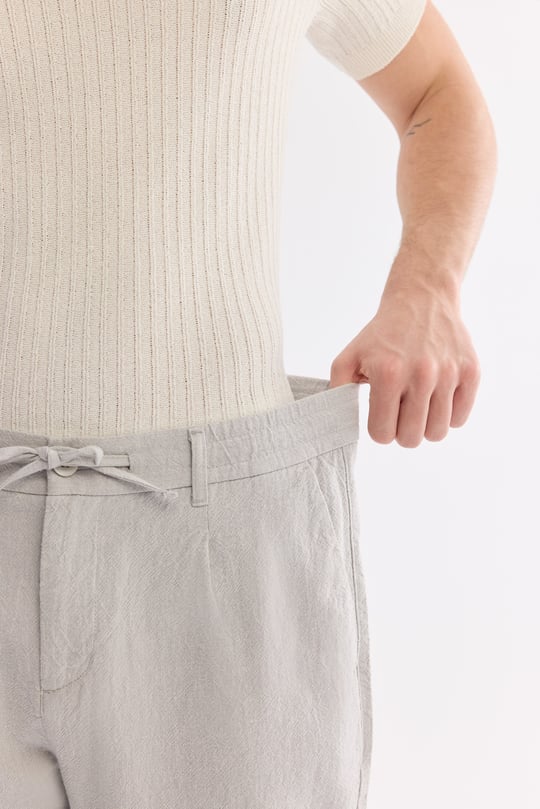 Gri Beli Bağcıklı Keten Karışımlı Chino Pantolon