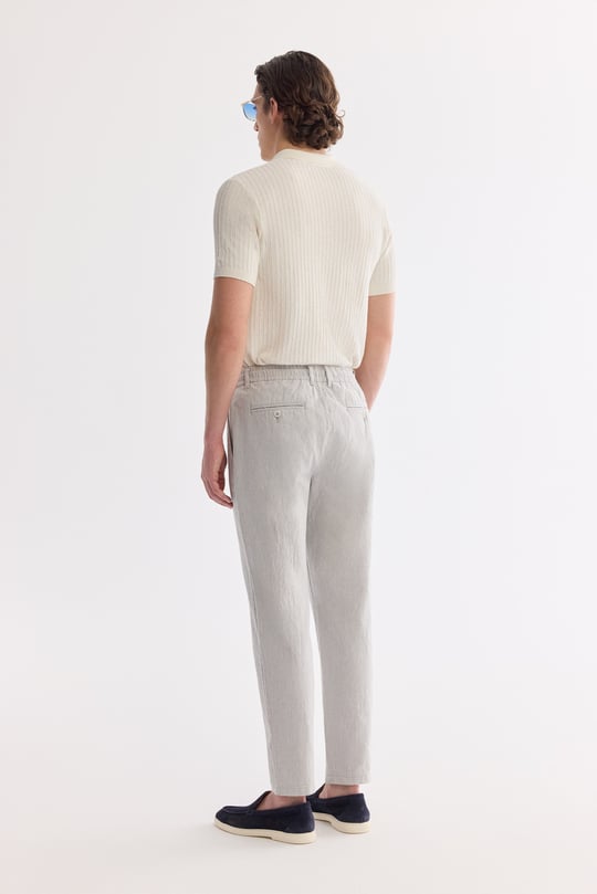 Gri Beli Bağcıklı Keten Karışımlı Chino Pantolon