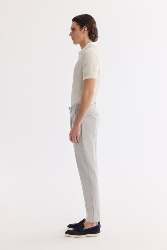 Gri Beli Bağcıklı Keten Karışımlı Chino Pantolon