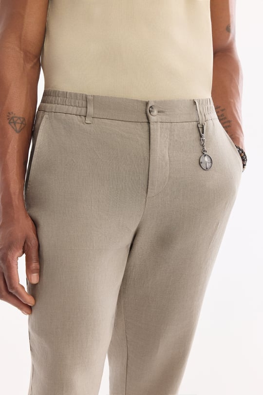 Gri Beli Lastikli %100 Keten Pantolon