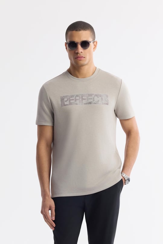 Gri Bisiklet Yaka Baskılı Bi-Stretch İnterlok T-Shirt