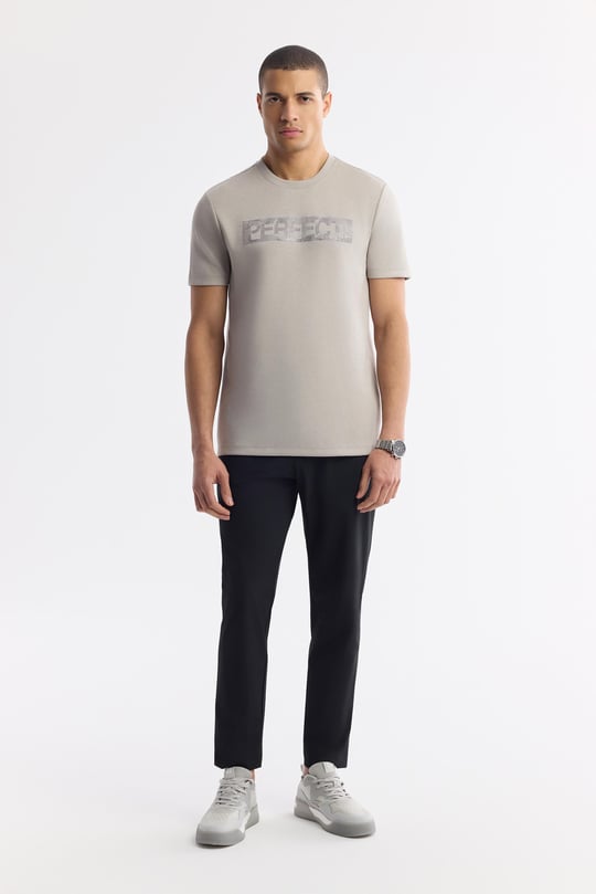 Gri Bisiklet Yaka Baskılı Bi-Stretch İnterlok T-Shirt