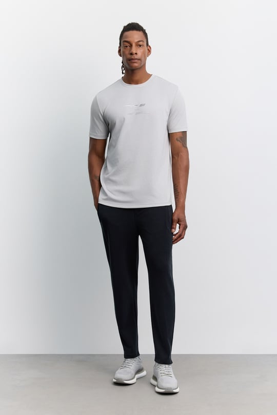 Gri Bisiklet Yaka Baskılı Viskon Karışımlı Kolay Ütülenen T-Shirt