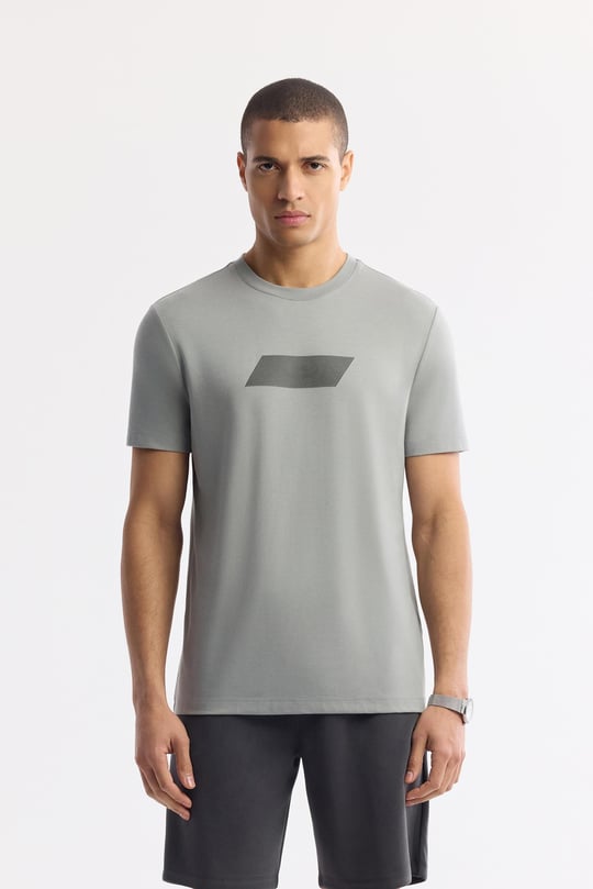 Gri Bisiklet Yaka Baskılı Rayon Soft Touch T-Shirt