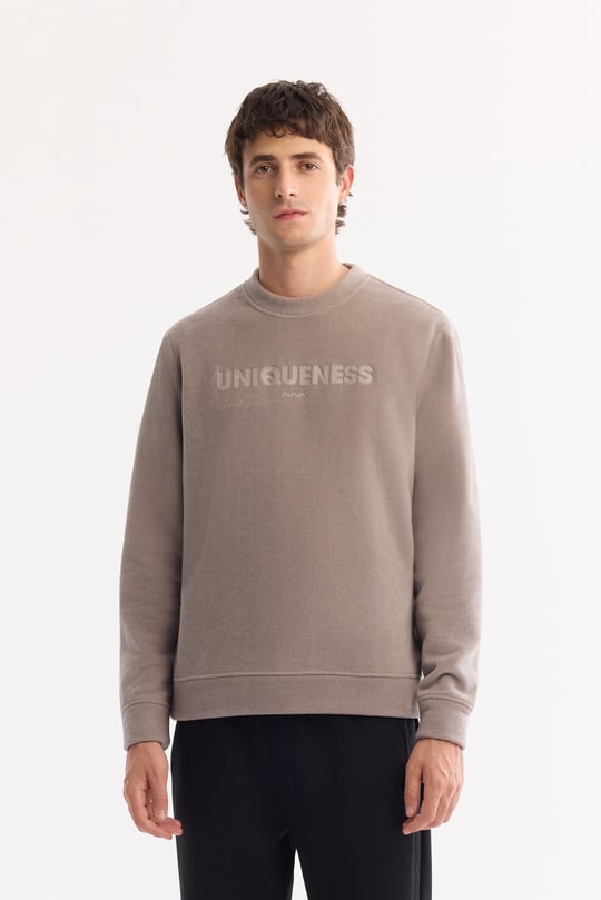 Gri Bisiklet Yaka Soft Touch Baskılı Polar Sweatshirt