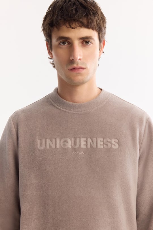 Gri Bisiklet Yaka Soft Touch Baskılı Polar Sweatshirt