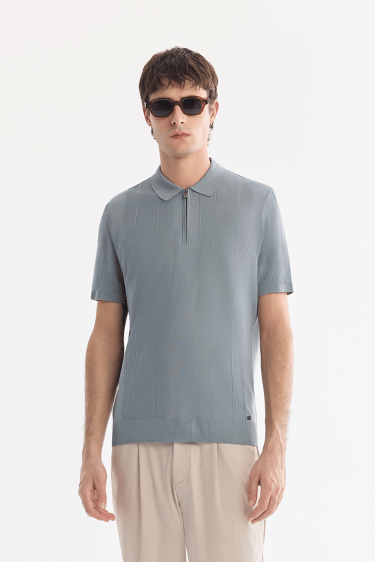 Gri Polo Yaka Fermuarlı Kolay Ütülenen Kırışmaz Triko T-Shirt