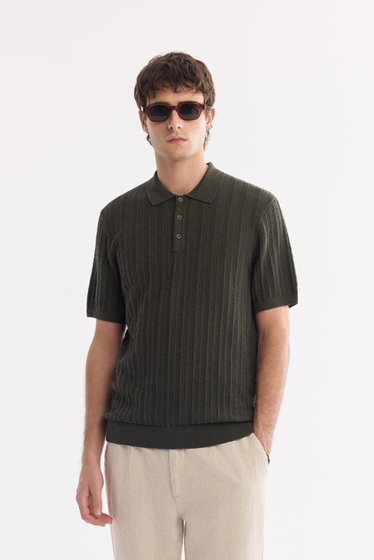 Haki Polo Yaka Düğmeli Soft Touch Triko T-Shirt