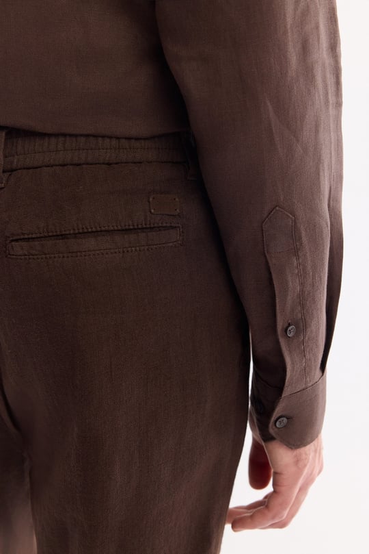 Kahverengi Beli Lastikli %100 Keten Pantolon