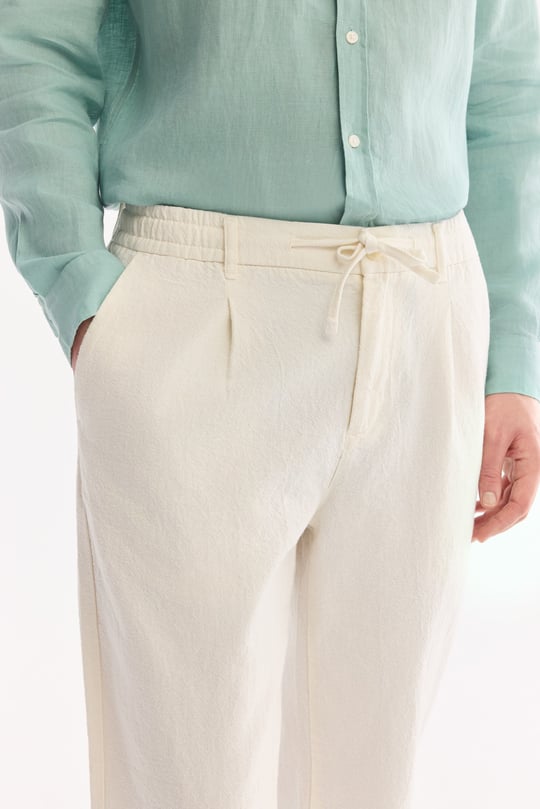 Kırık Beyaz Beli Bağcıklı Keten Karışımlı Chino Pantolon