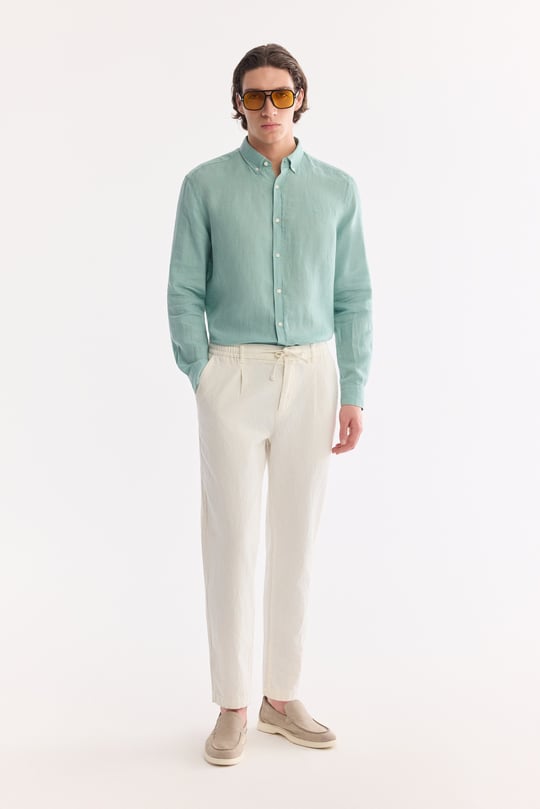 Kırık Beyaz Beli Bağcıklı Keten Karışımlı Chino Pantolon