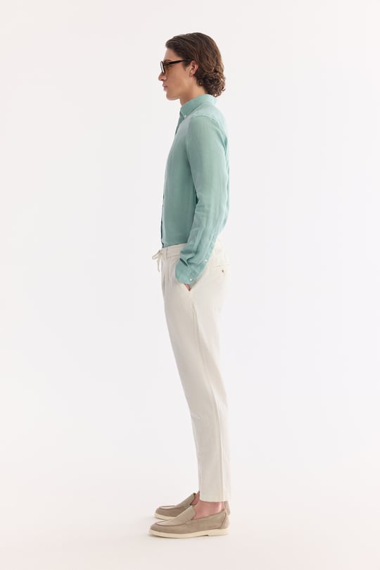Kırık Beyaz Beli Bağcıklı Keten Karışımlı Chino Pantolon