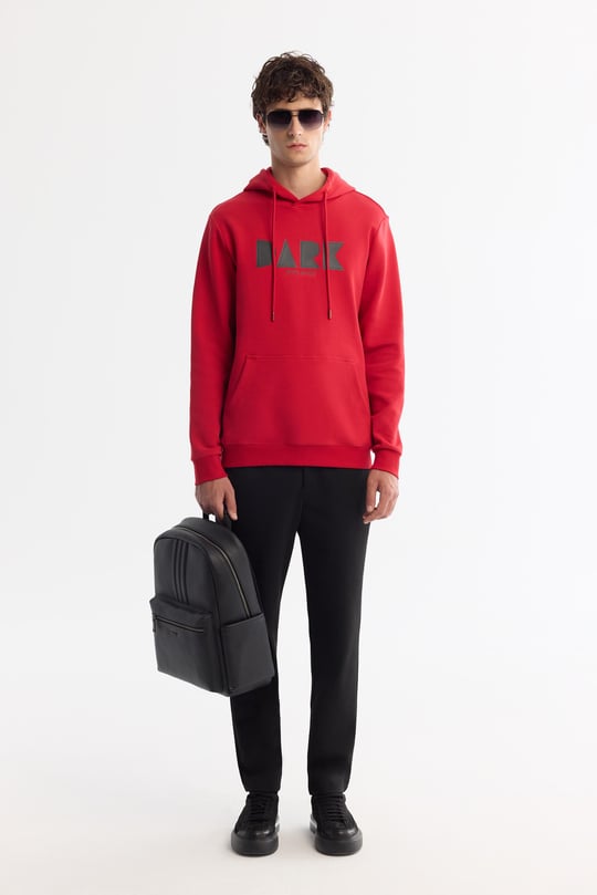 Kırmızı Kapüşonlu Pamuklu Baskılı Elastan Sweatshirt