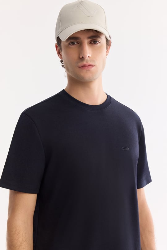 Lacivert Bisiklet Yaka Bi-Stretch Baskılı T-Shirt