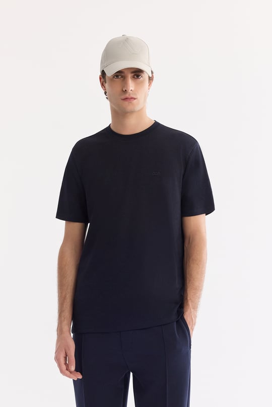 Lacivert Bisiklet Yaka Bi-Stretch Baskılı T-Shirt