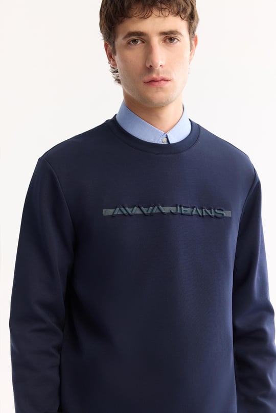 Lacivert Bisiklet Yaka Kolay Ütülenen Bi-Stretch Baskılı Sweatshirt