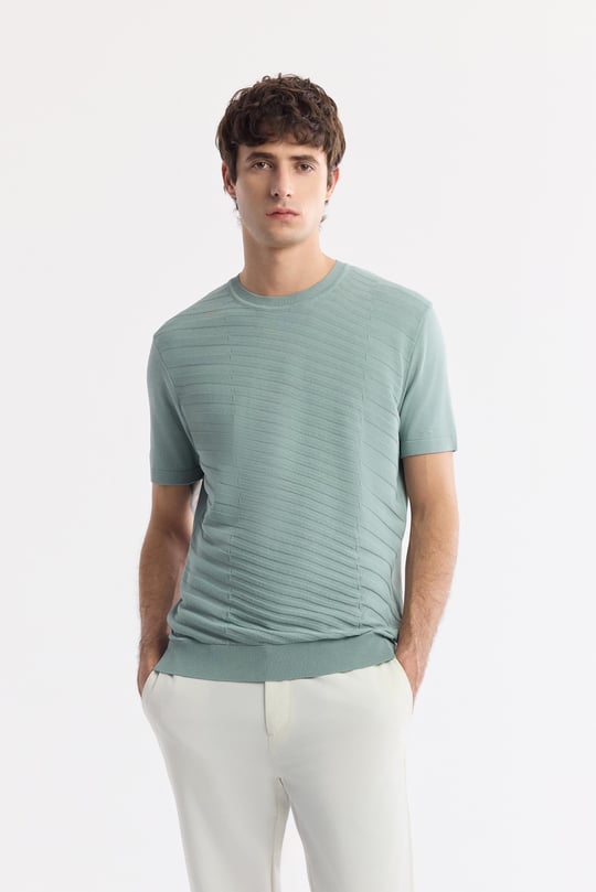 Nil Yeşili Bisiklet Yaka Rayon Triko T-Shirt
