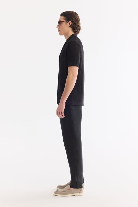 Siyah Apaj Yaka Önden Düğmeli Soft Touch Kısa Kollu Triko T-Shirt