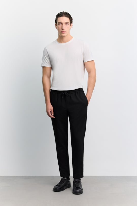 Siyah Beli Lastikli Bağcıklı Duble Paça Jogger Pantolon