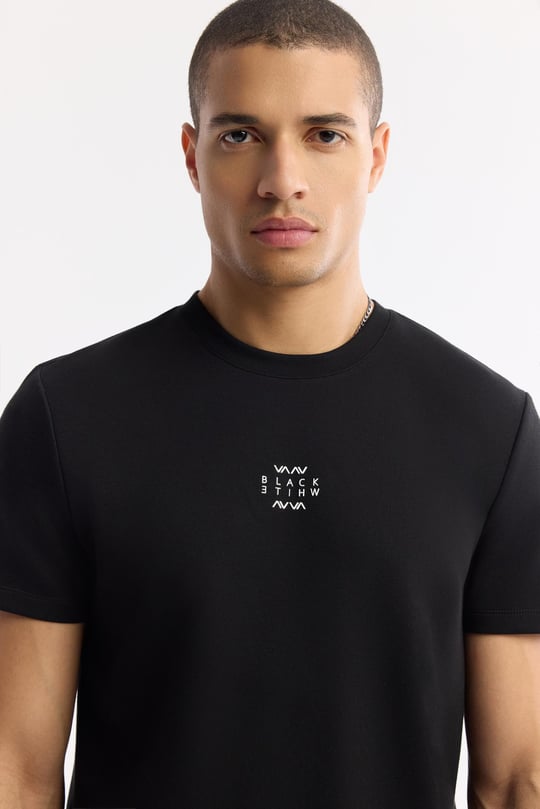 Siyah Bisiklet Yaka Baskılı Bi-Stretch İnterlok T-Shirt