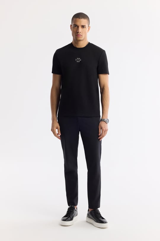 Siyah Bisiklet Yaka Baskılı Bi-Stretch İnterlok T-Shirt