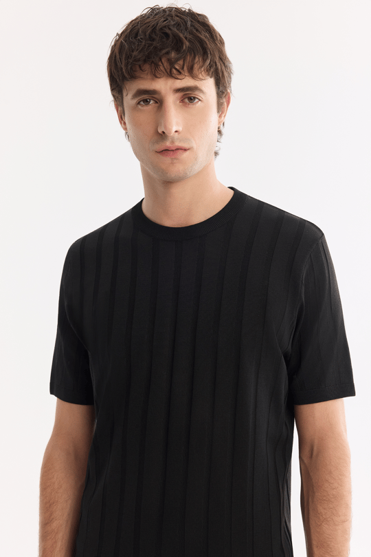 Siyah Bisiklet Yaka Kolay Ütülenen Kırışmaz Triko T-Shirt