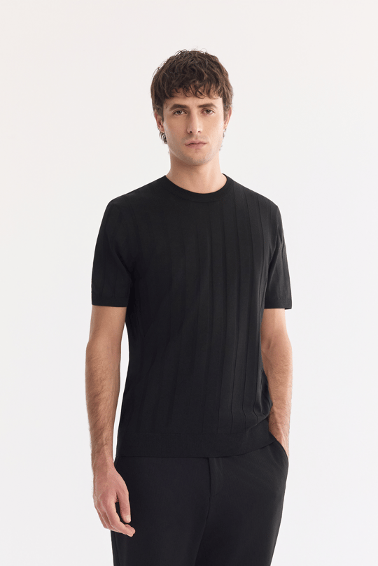Siyah Bisiklet Yaka Kolay Ütülenen Kırışmaz Triko T-Shirt