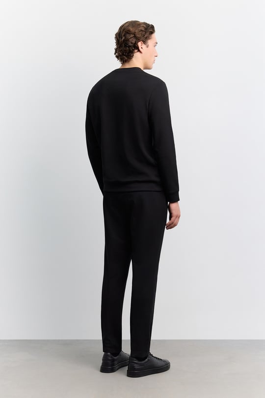 Siyah Bisiklet Yaka Kolay Ütülenen Baskılı Pamuklu Sweatshirt