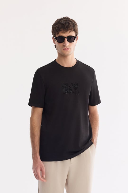 Siyah Bisiklet Yaka Baskılı Viskon Karışımlı Bi-Stretch T-Shirt