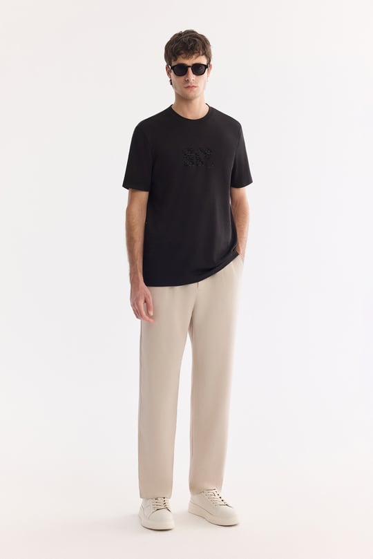 Siyah Bisiklet Yaka Baskılı Viskon Karışımlı Bi-Stretch T-Shirt