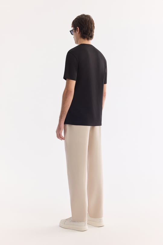 Siyah Bisiklet Yaka Baskılı Viskon Karışımlı Bi-Stretch T-Shirt