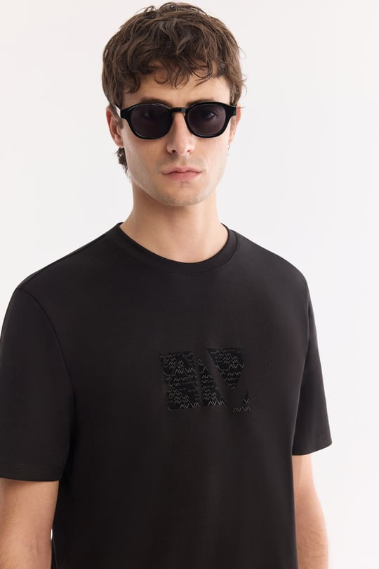 Siyah Bisiklet Yaka Baskılı Viskon Karışımlı Bi-Stretch T-Shirt