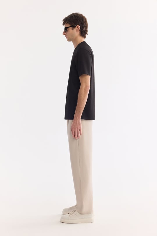 Siyah Bisiklet Yaka Baskılı Viskon Karışımlı Bi-Stretch T-Shirt