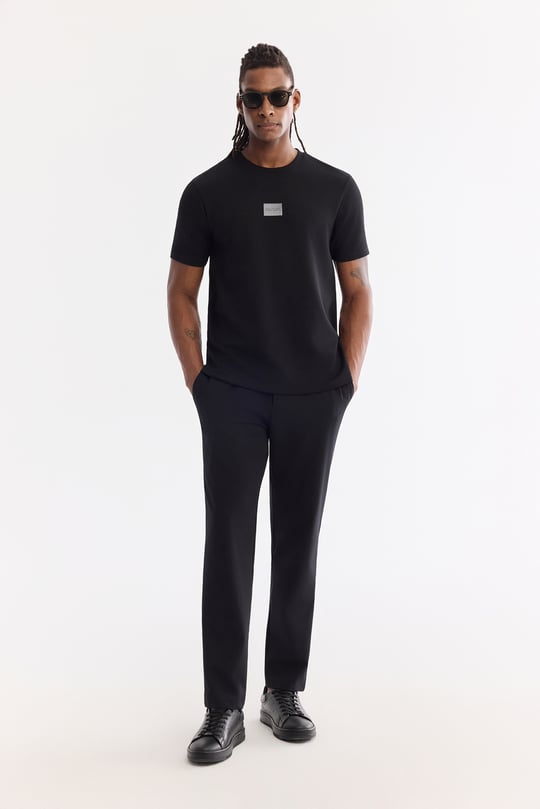 Siyah Bisiklet Yaka Viskon Karışımlı Baskılı Bi-Stretch İnterlok T-Shirt