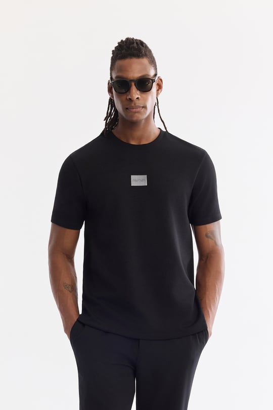 Siyah Bisiklet Yaka Viskon Karışımlı Baskılı Bi-Stretch İnterlok T-Shirt
