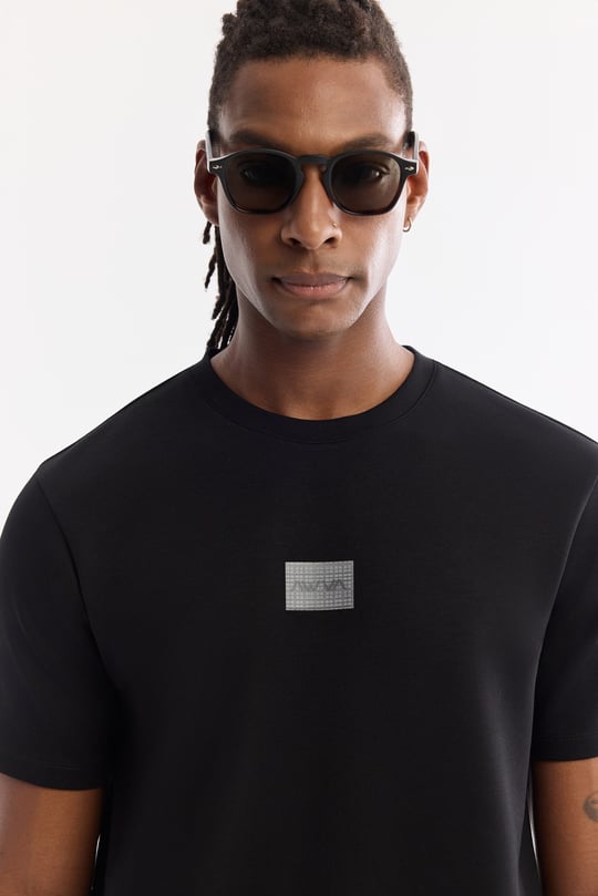 Siyah Bisiklet Yaka Viskon Karışımlı Baskılı Bi-Stretch İnterlok T-Shirt